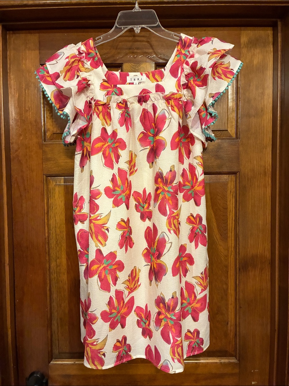 NWT Small THML Pink & Cream Floral Shift Dress - Ruffle Neck & Sleeves (ABBA)